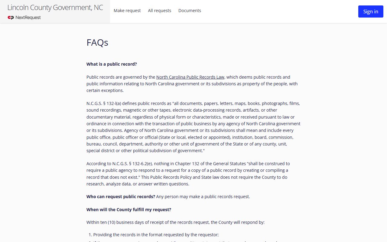 Lincoln County inmate records NextRequest FAQ response time