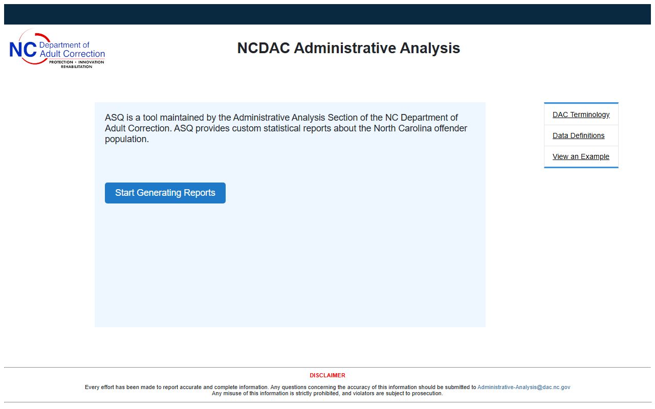 Lincoln County inmate population NCDAC ASQ statistics tool