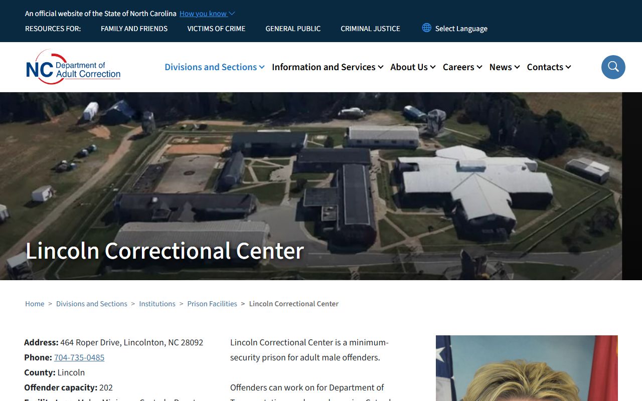NCDAC Lincoln Correctional Center inmate lookup facility page